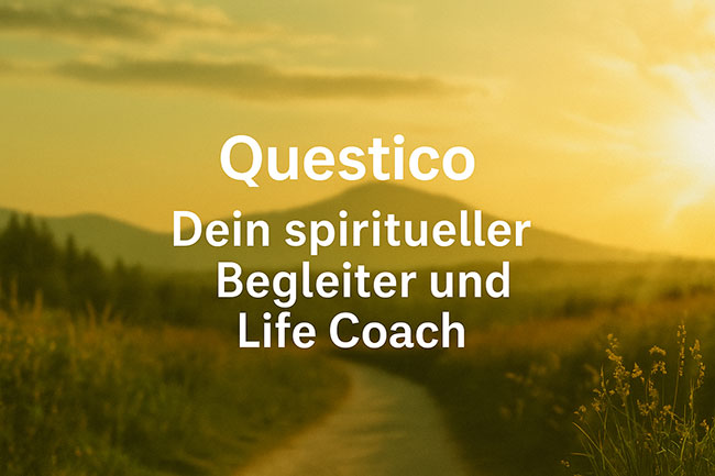 Landschaft mit Sonnenuntergang und Text „Questico – Ihr spiritueller Berater und Life Coach“ – Weg zur Transformation mit Christian Laske auf Questico.